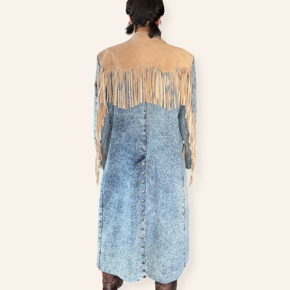 VTG Western Heavy Weight Acid Washed Denim Trench w/ Leather Fringe USA Made XL - Picture 2 of 16